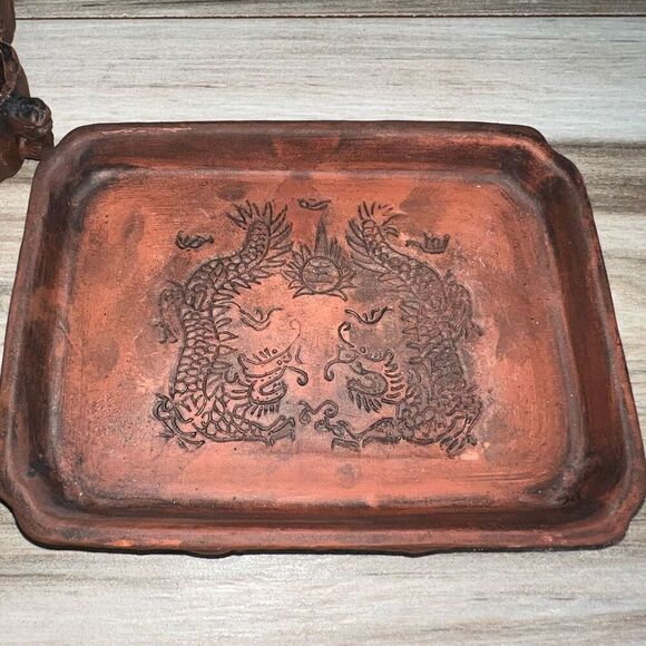 Yixing Zi Ni Vintage Brown Clay Miniature Tea Pot Set With Tray Carved 6 Piece - Picture 2 of 11